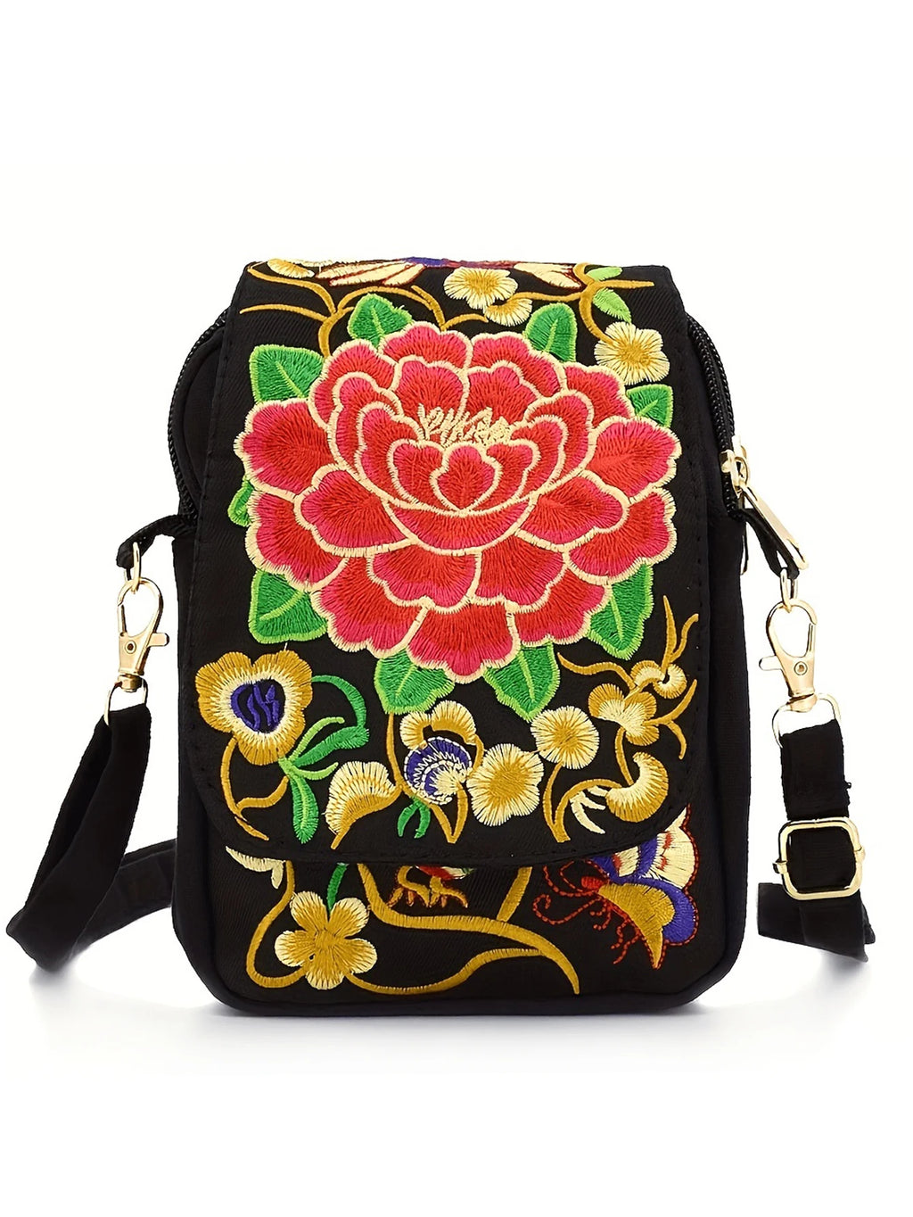 Stylish Women's Embroidered Crossbody Phone Bag with Zipper - Small Canvas Shoulder Bag for Everyday Use