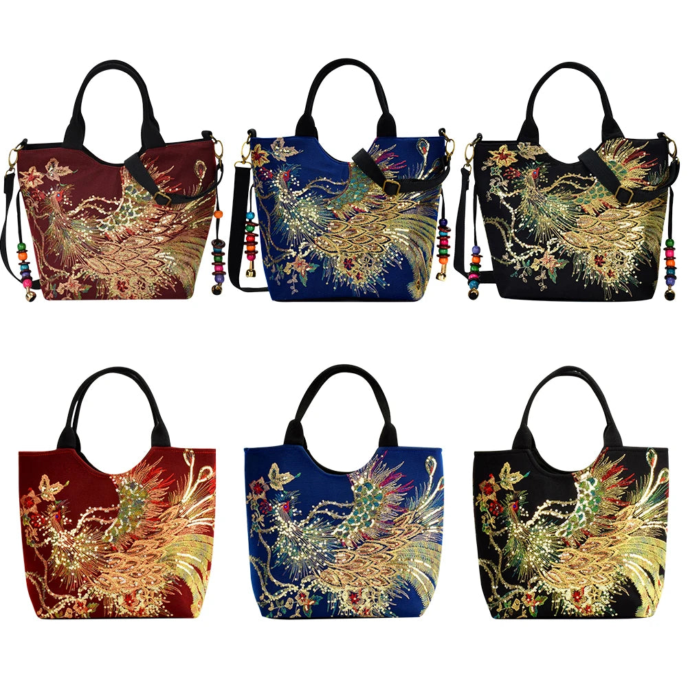 Fashion Women Handbags Peafowl Embroidery Canvas Retro Beads Pendant Top-Handle Bag Large Shoulder Messenger Bags