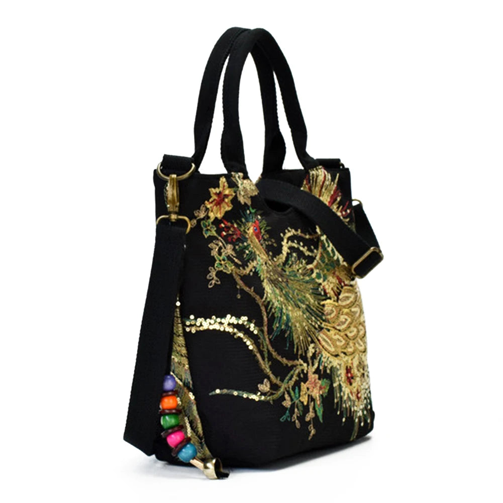 Fashion Women Handbags Peafowl Embroidery Canvas Retro Beads Pendant Top-Handle Bag Large Shoulder Messenger Bags