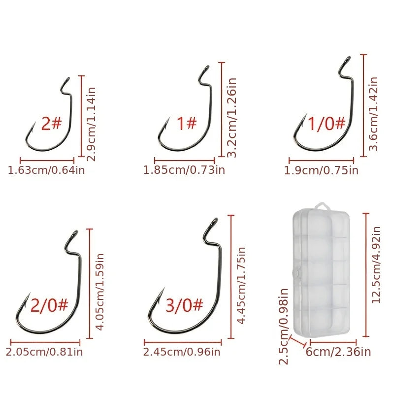 50PCS/box Offset Worm Hooks Assortment with Tackle Box, High Carbon Steel Worm Fishing Hooks Wide Gap Barb Hooks Soft Bait
