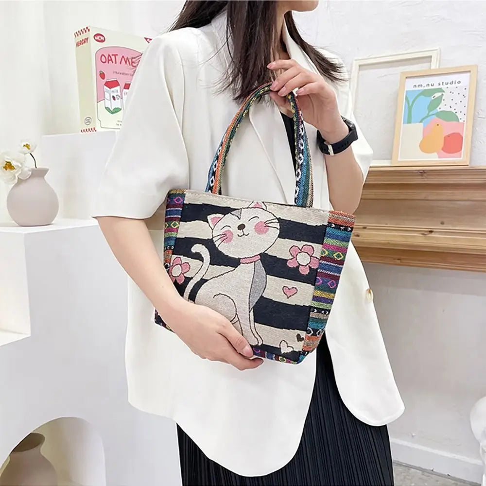 1Pcs Animal Ethnic Style Handbag Trendy Embroidery Elephant Peacock Handbag Rabbit Canvas Tote Bag Storage Bag