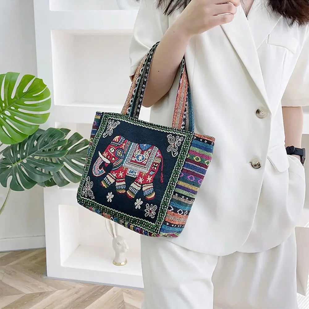 1Pcs Animal Ethnic Style Handbag Trendy Embroidery Elephant Peacock Handbag Rabbit Canvas Tote Bag Storage Bag
