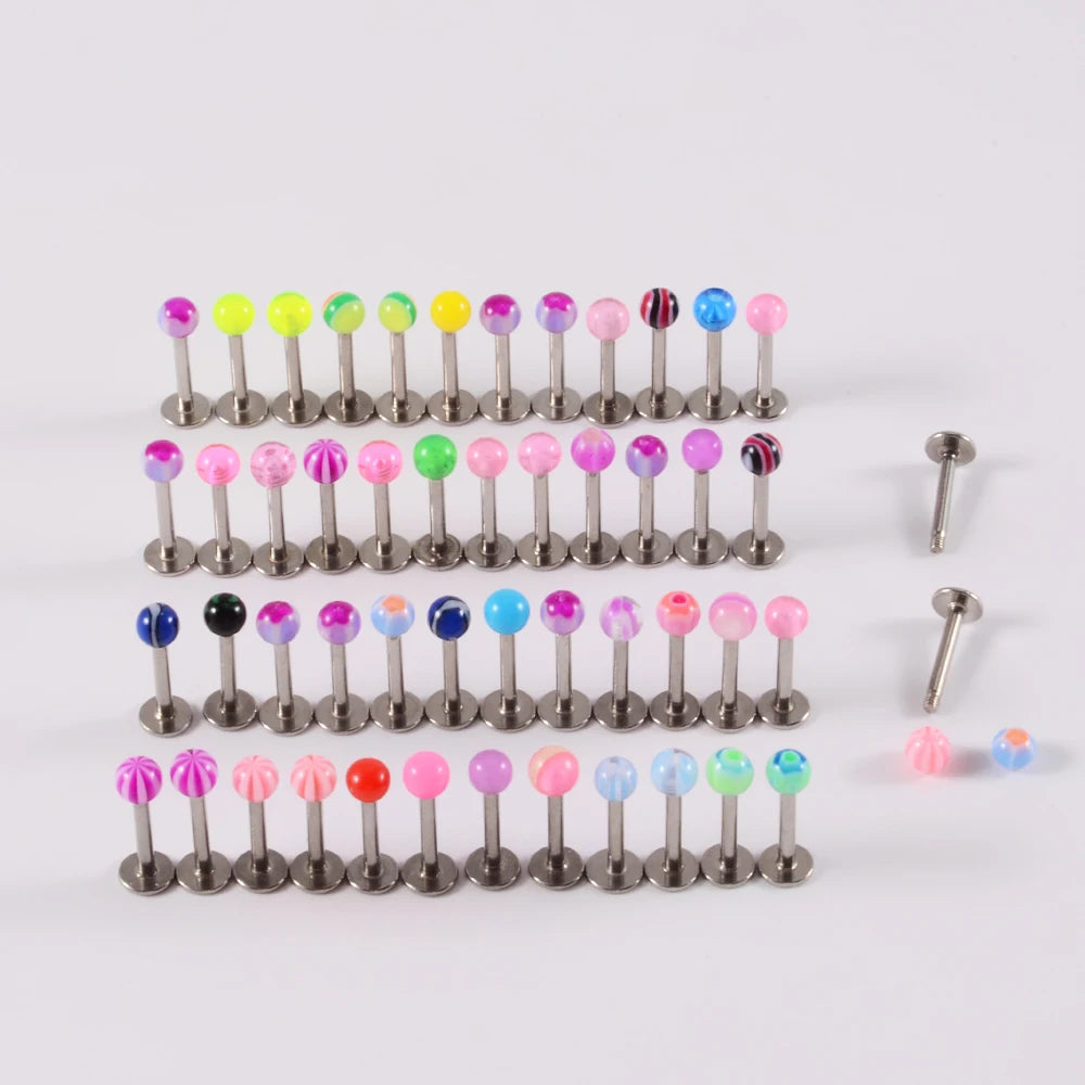 50pcs/Lot Acrylic Ball Mix Colors Labret Lip Ring Surgical Steel Simple Ear Cartilage Tragus Helix Daith Piercing Body Jewelry