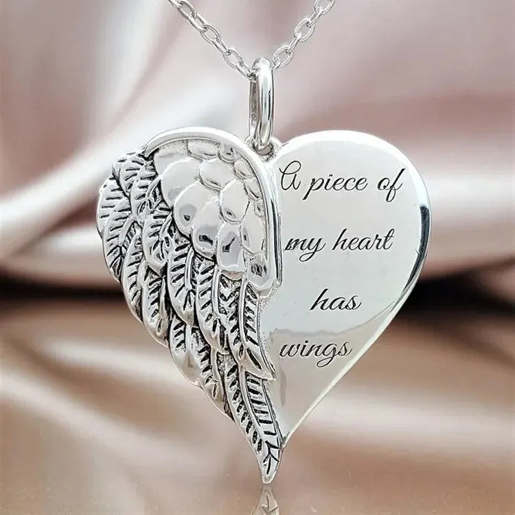 2024 A Piece of My Heart Has Wings Pendant European American Angel Wings Engraved Necklace Jewelry Necklace for Women