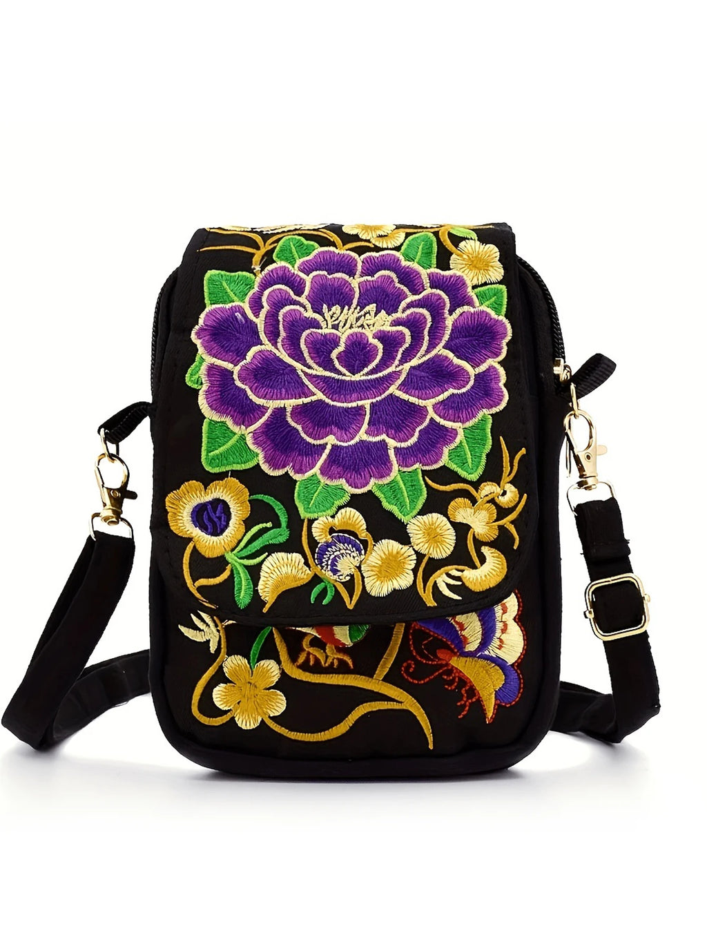 Stylish Women's Embroidered Crossbody Phone Bag with Zipper - Small Canvas Shoulder Bag for Everyday Use