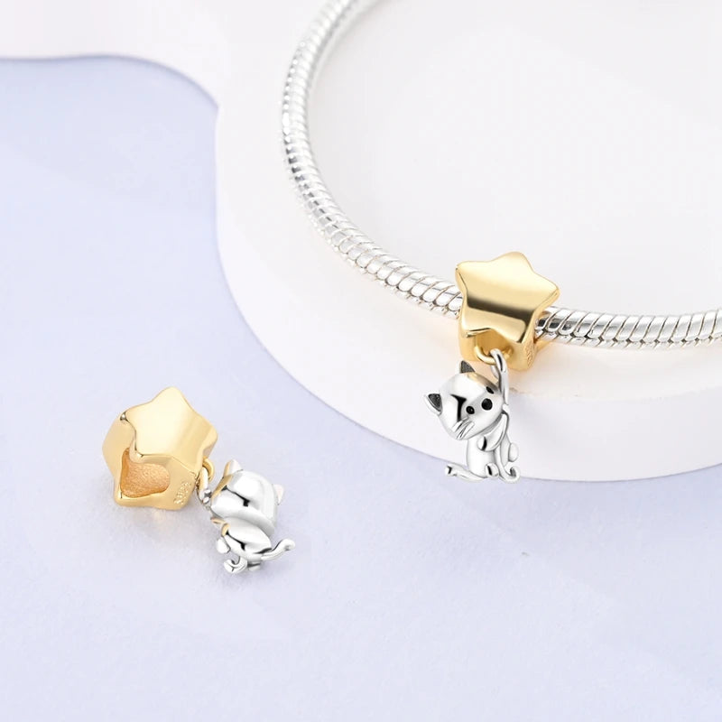 New In 925 Sterling Silver Golden Sunflower Lucky Stars Charm Fit Original Bracelet Necklace Sun Moon Diamond Charm Jewelry DIY