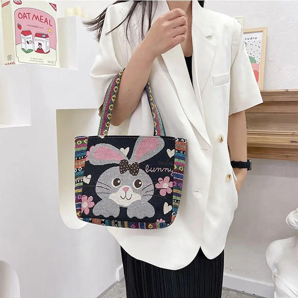 1Pcs Animal Ethnic Style Handbag Trendy Embroidery Elephant Peacock Handbag Rabbit Canvas Tote Bag Storage Bag