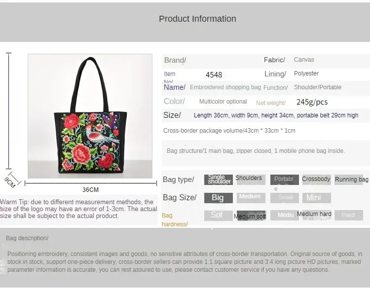 Ethnic Phoenix Embroidered Women's Shoulder Bag Receptor Embroidered Canvas Casual Bag Handbags for Women sac a main femme