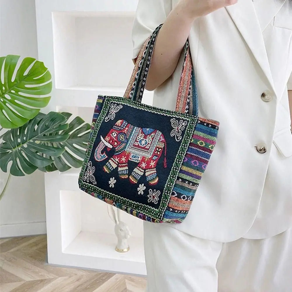 1Pcs Animal Ethnic Style Handbag Trendy Embroidery Elephant Peacock Handbag Rabbit Canvas Tote Bag Storage Bag