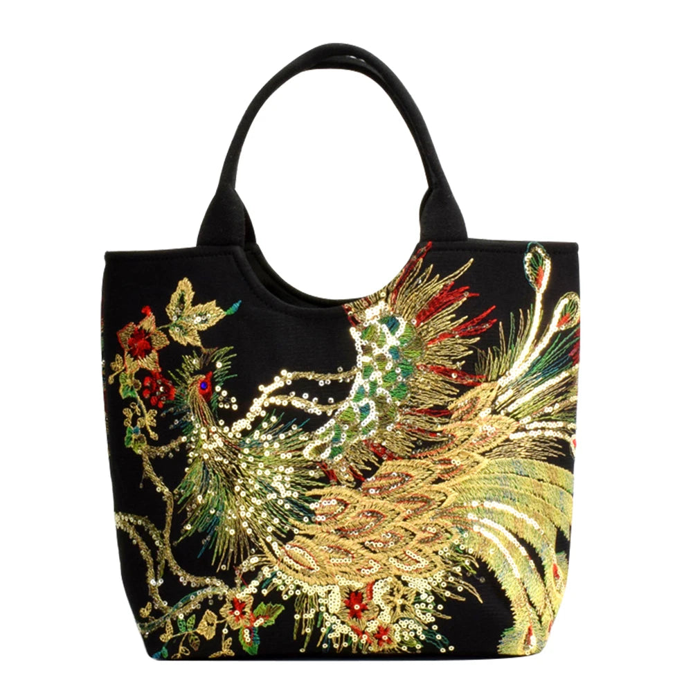Fashion Women Handbags Peafowl Embroidery Canvas Retro Beads Pendant Top-Handle Bag Large Shoulder Messenger Bags