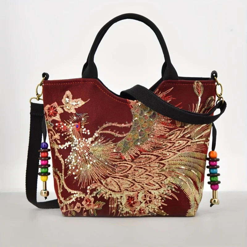 Women's Phoenix Embroidered Sequin Handbag Ethnic Style Travel Bohemian Bag Embroidered Handbag