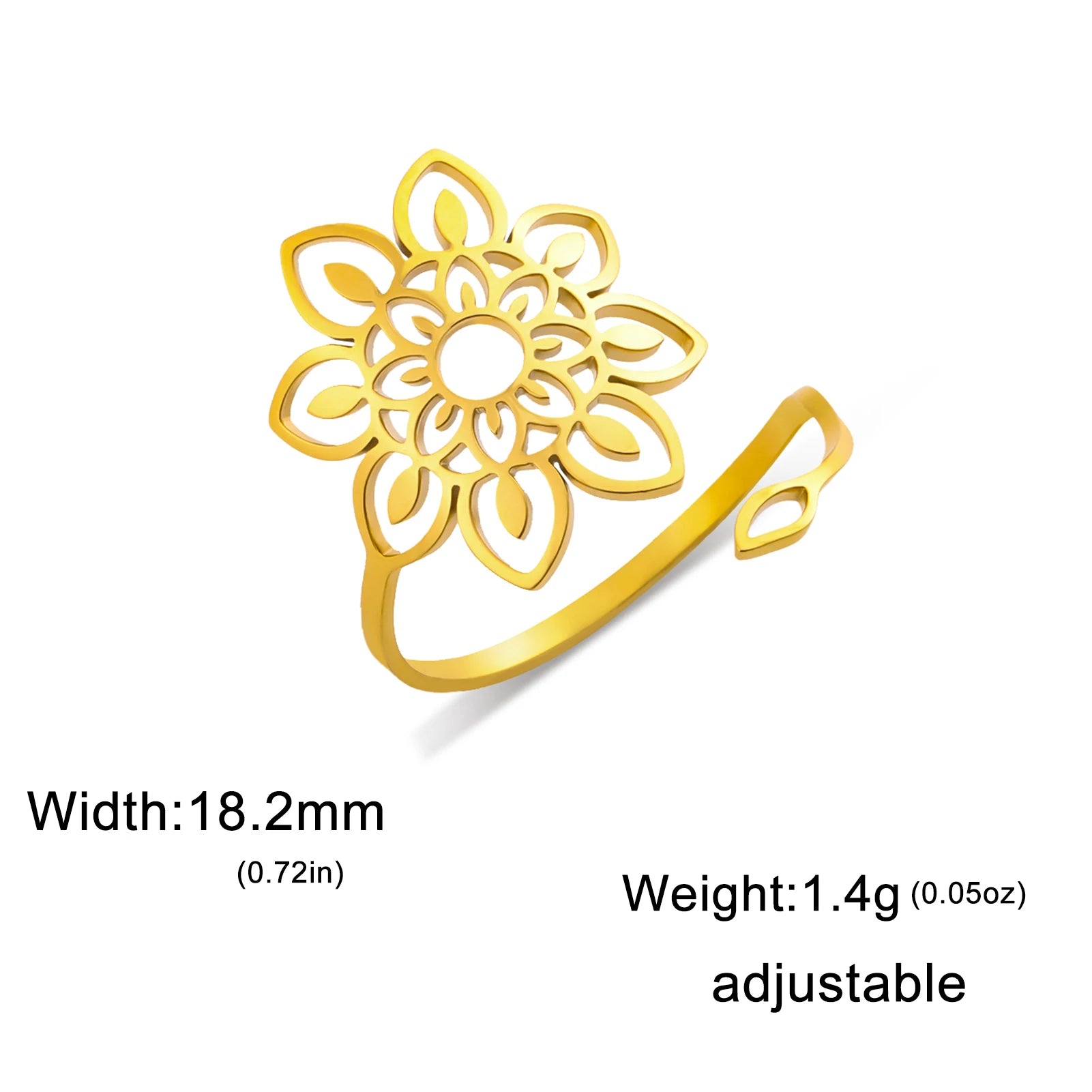 New In Filigree Lotus Flower Women Rings Stainless Steel Gold Color Adjustable Finger Ring Vintage Bohemian Jewelry Wedding Gift