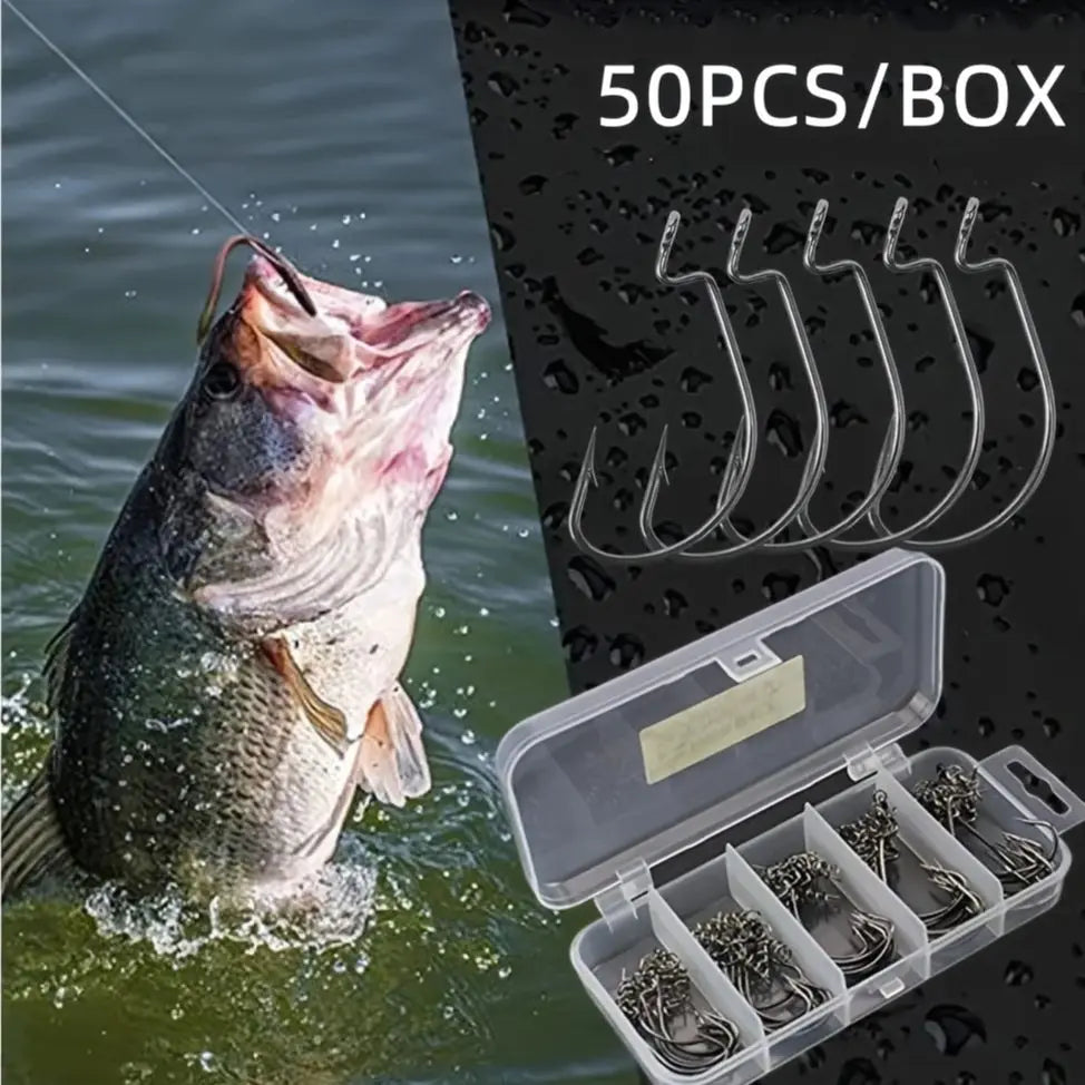 50PCS/box Offset Worm Hooks Assortment with Tackle Box, High Carbon Steel Worm Fishing Hooks Wide Gap Barb Hooks Soft Bait