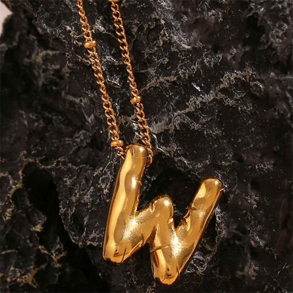 Vintage Stainless Steel Balloon Bubble Chunky Letter Necklace for Women 18K Gold Plated Initial Necklaces Collar Jewelry Gift