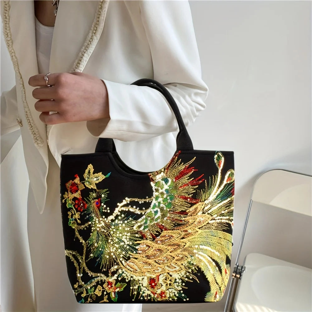 Phoenix Embroidered Sequin Handbag, Ethnic Style Embroidered Handbag, Women's Ethnic Travel Bohemian Bag