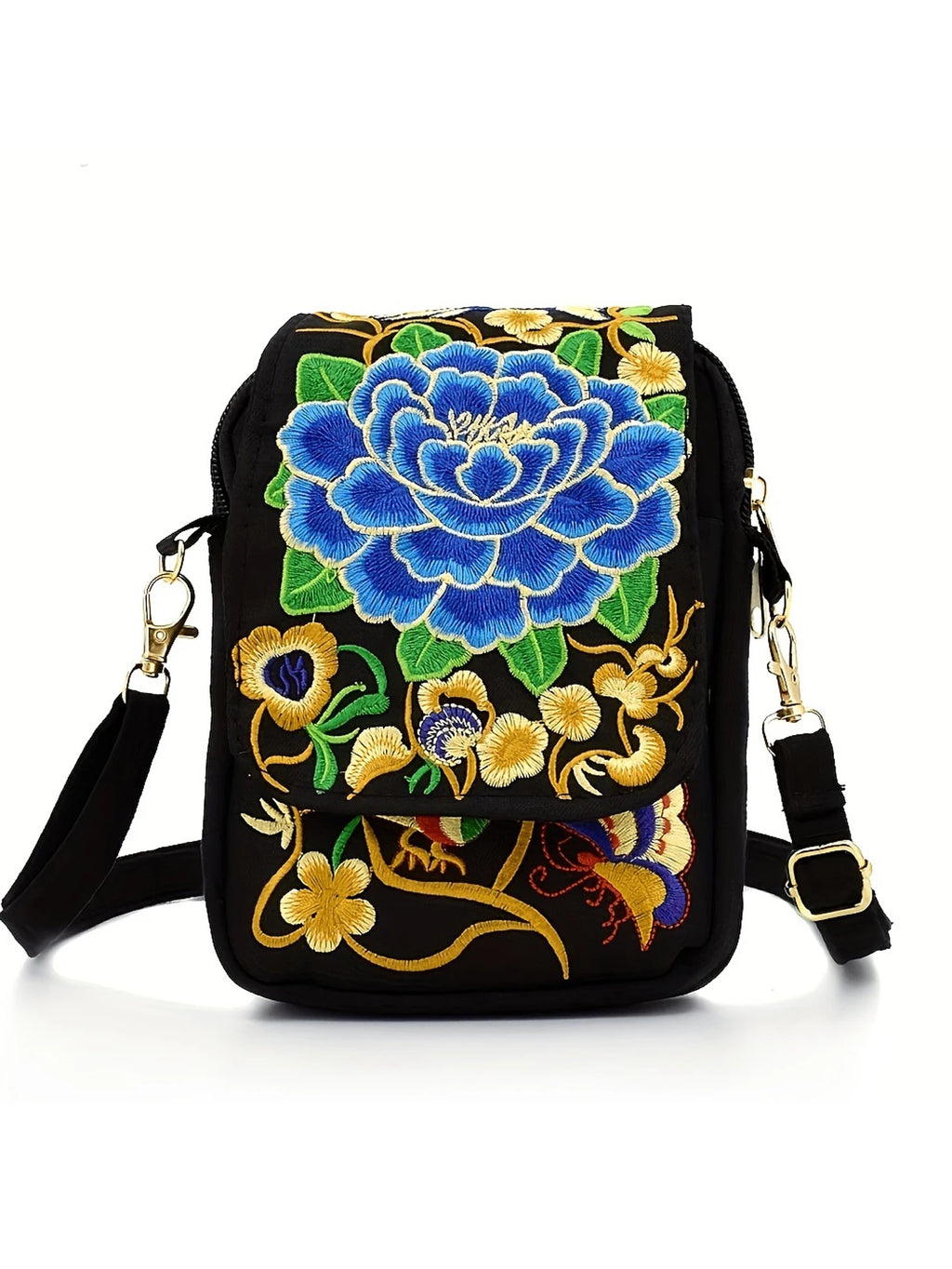 Stylish Women's Embroidered Crossbody Phone Bag with Zipper - Small Canvas Shoulder Bag for Everyday Use