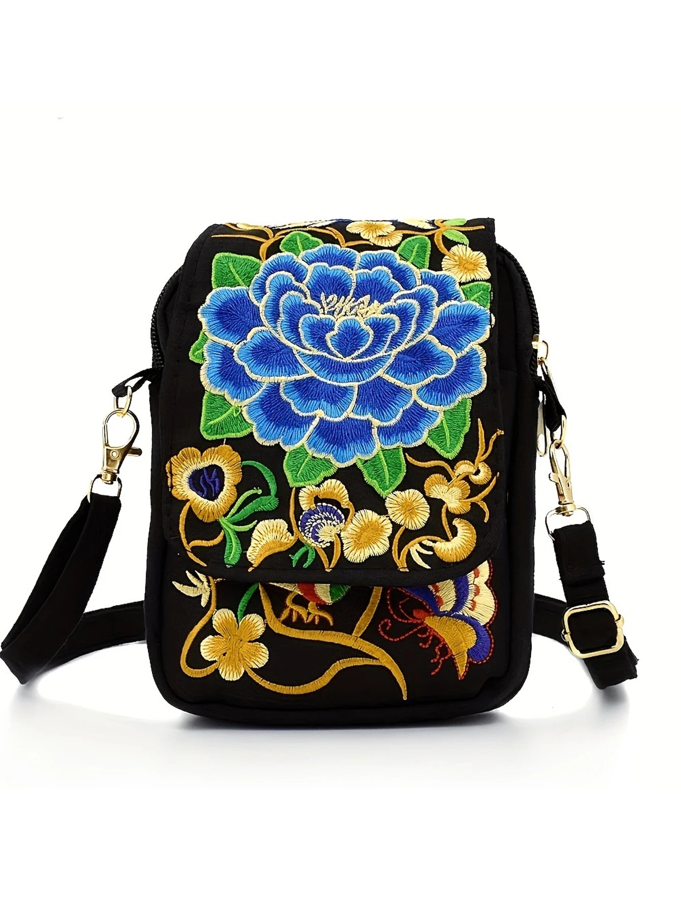 Stylish Women's Embroidered Crossbody Phone Bag with Zipper - Small Canvas Shoulder Bag for Everyday Use