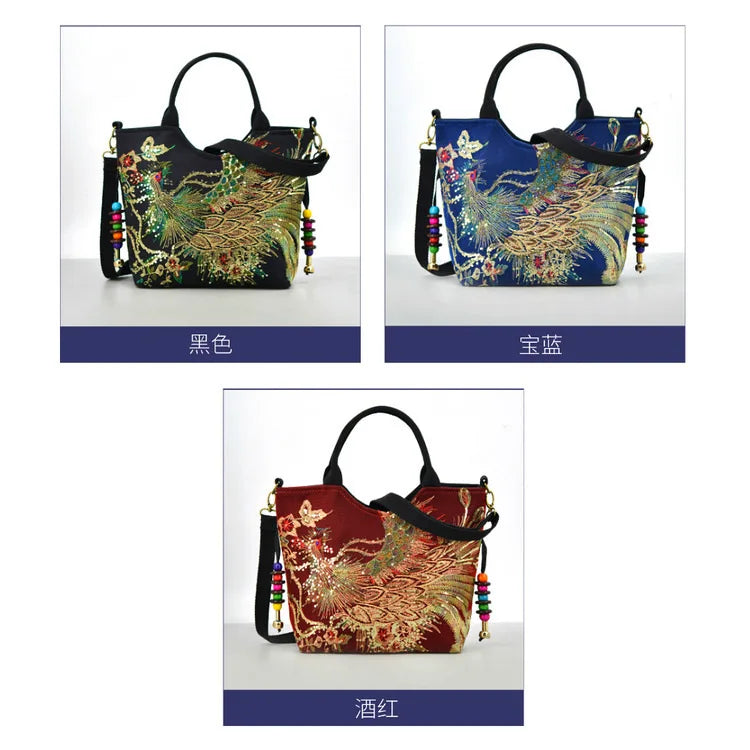 Women's Phoenix Embroidered Sequin Handbag Ethnic Style Travel Bohemian Bag Embroidered Handbag