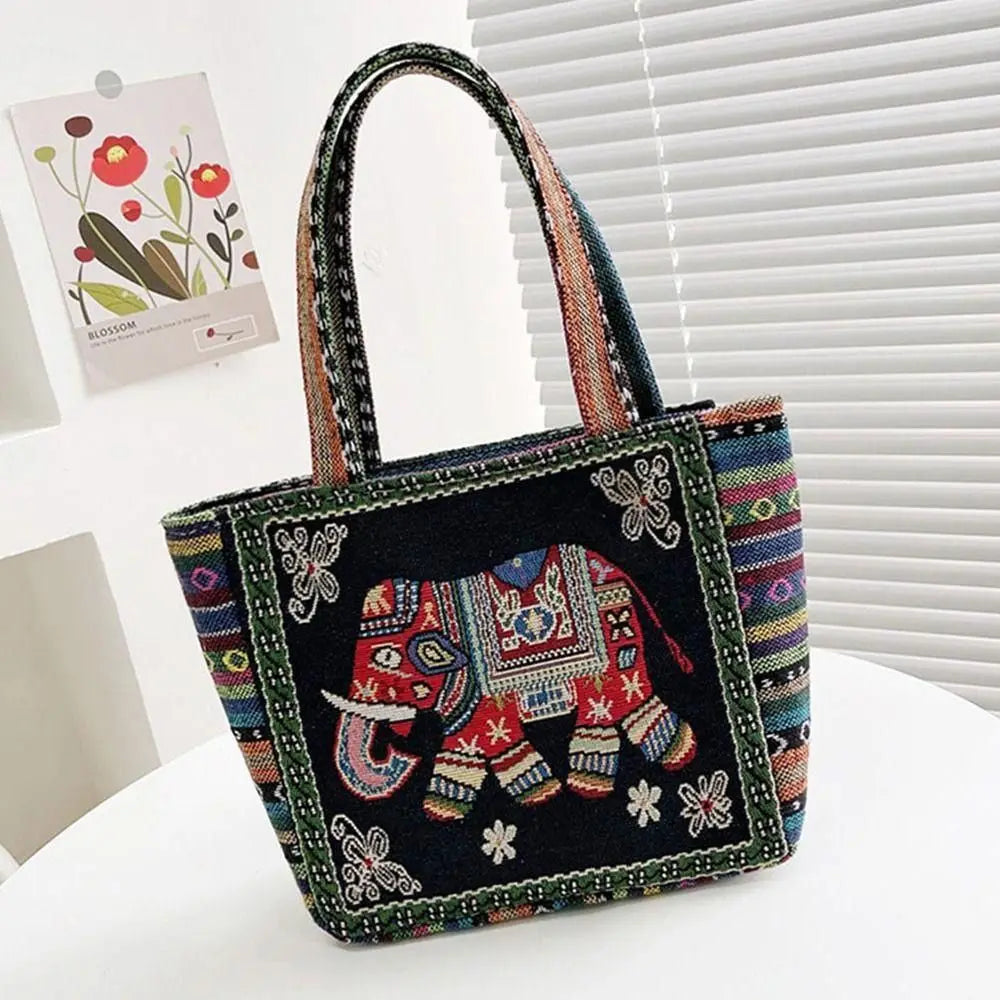 1Pcs Animal Ethnic Style Handbag Trendy Embroidery Elephant Peacock Handbag Rabbit Canvas Tote Bag Storage Bag