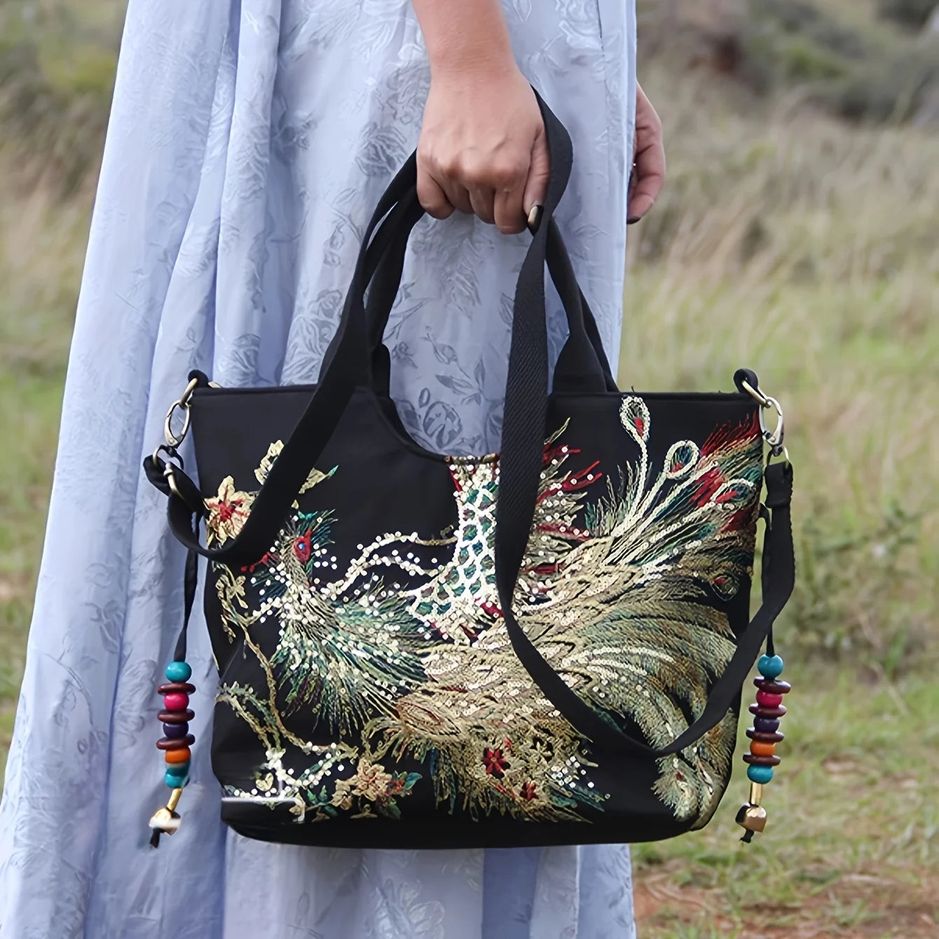 Phoenix Embroidered Sequin Handbag, Ethnic Style Embroidered Handbag, Women's Ethnic Travel Bohemian Bag