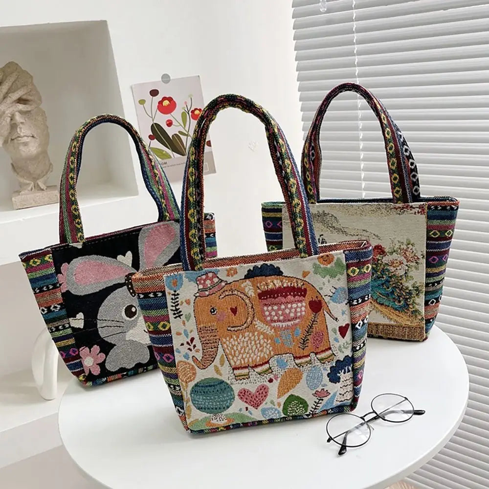 1Pcs Animal Ethnic Style Handbag Trendy Embroidery Elephant Peacock Handbag Rabbit Canvas Tote Bag Storage Bag