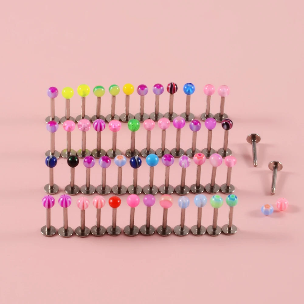 50pcs/Lot Acrylic Ball Mix Colors Labret Lip Ring Surgical Steel Simple Ear Cartilage Tragus Helix Daith Piercing Body Jewelry