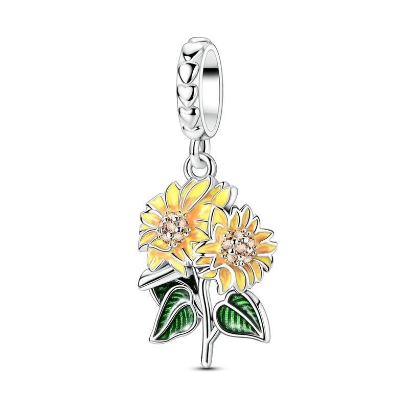 New In 925 Sterling Silver Golden Sunflower Lucky Stars Charm Fit Original Bracelet Necklace Sun Moon Diamond Charm Jewelry DIY