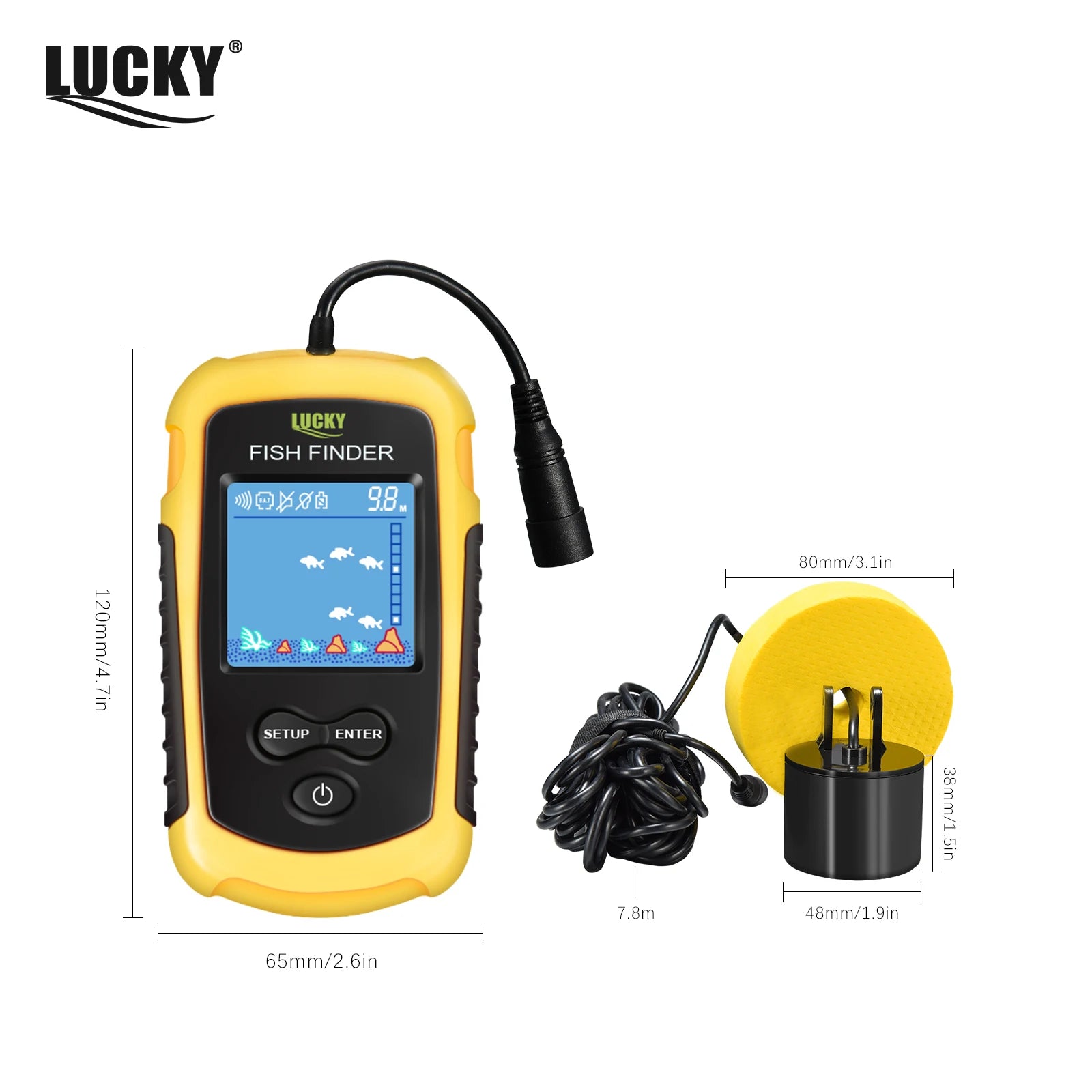 FFC1108-1 Alarm 100M Portable Sonar Fish Finders 45 degrees Sonar Coverage Echo Sounder Alarm Transducer Lake Sea Fishing