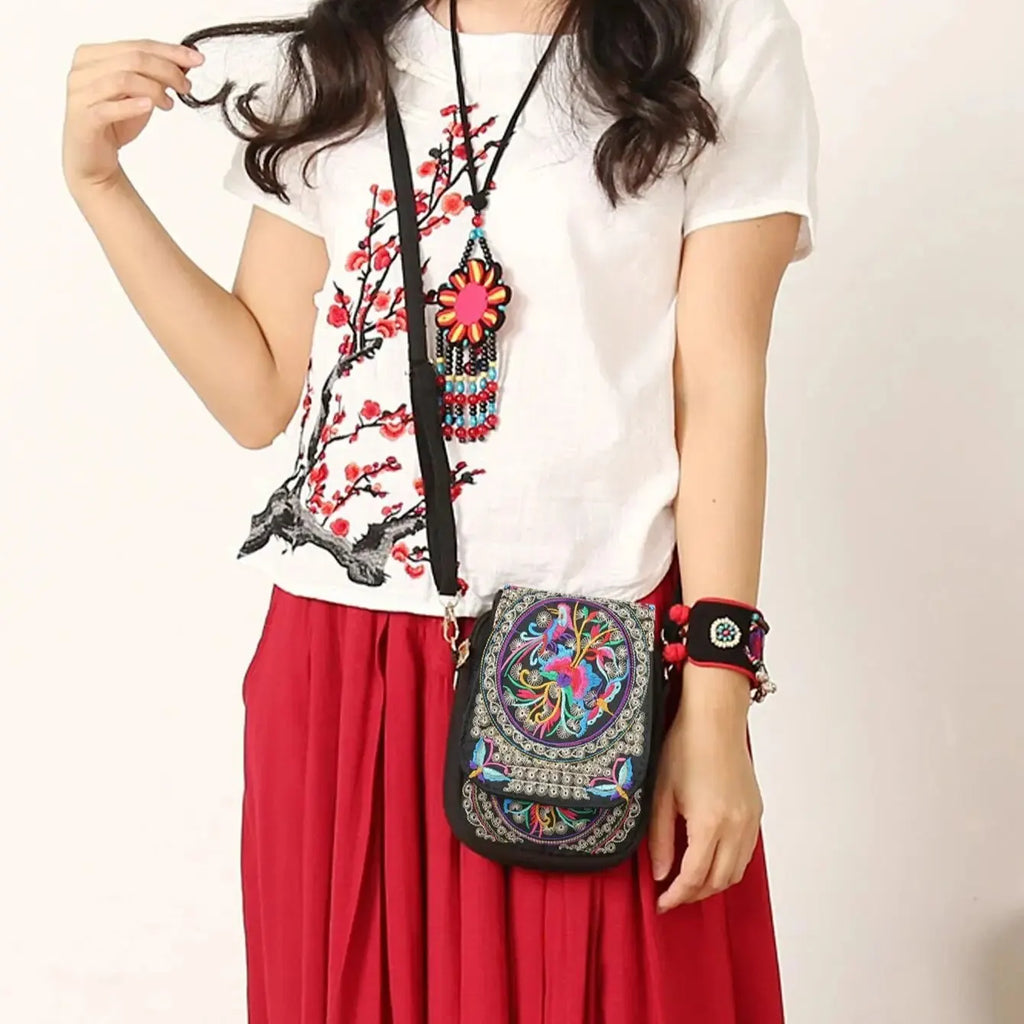 Stylish Women's Embroidered Crossbody Phone Bag with Zipper - Small Canvas Shoulder Bag for Everyday Use