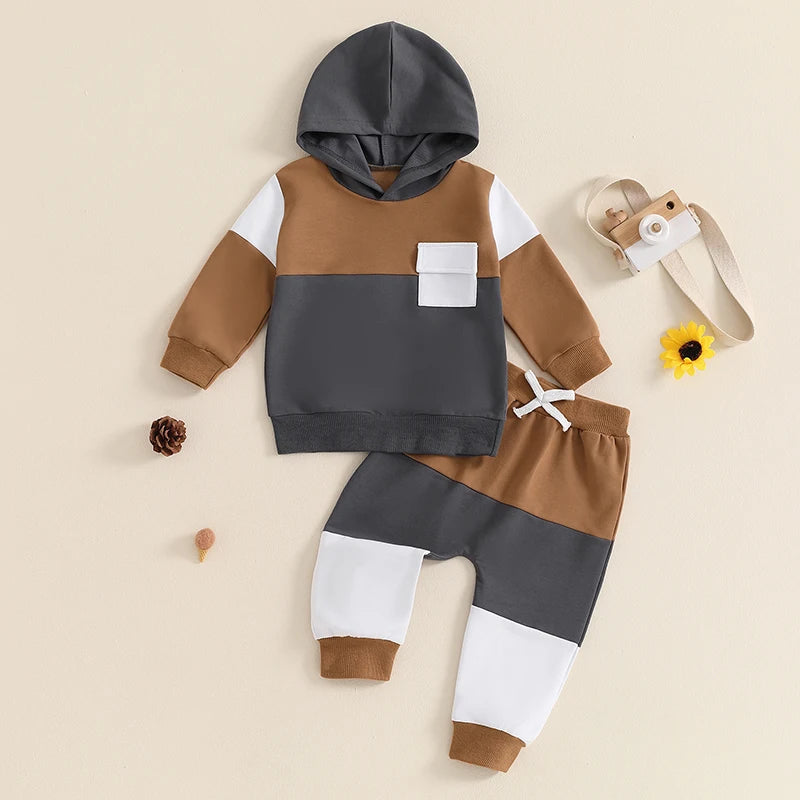Baby Boy Fall Clothes Contrast Colors Long Sleeve Hooded Sweatshirt and Elastic Sweatpants 2 Piece Track Suit