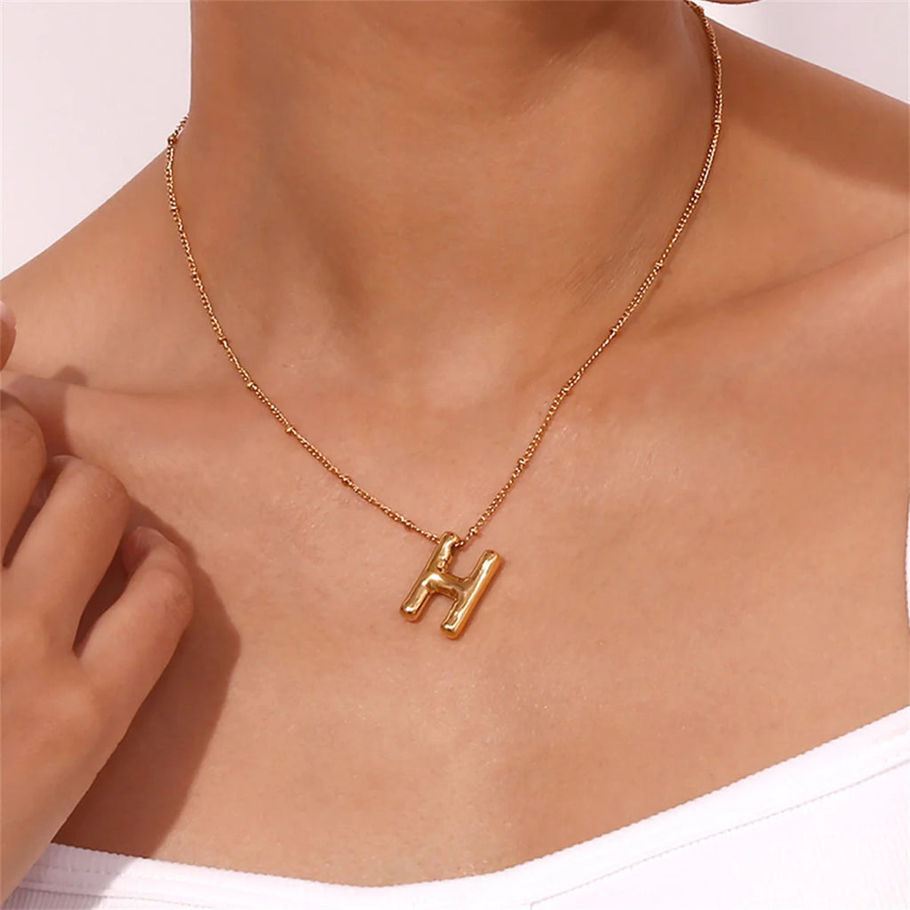 Vintage Stainless Steel Balloon Bubble Chunky Letter Necklace for Women 18K Gold Plated Initial Necklaces Collar Jewelry Gift