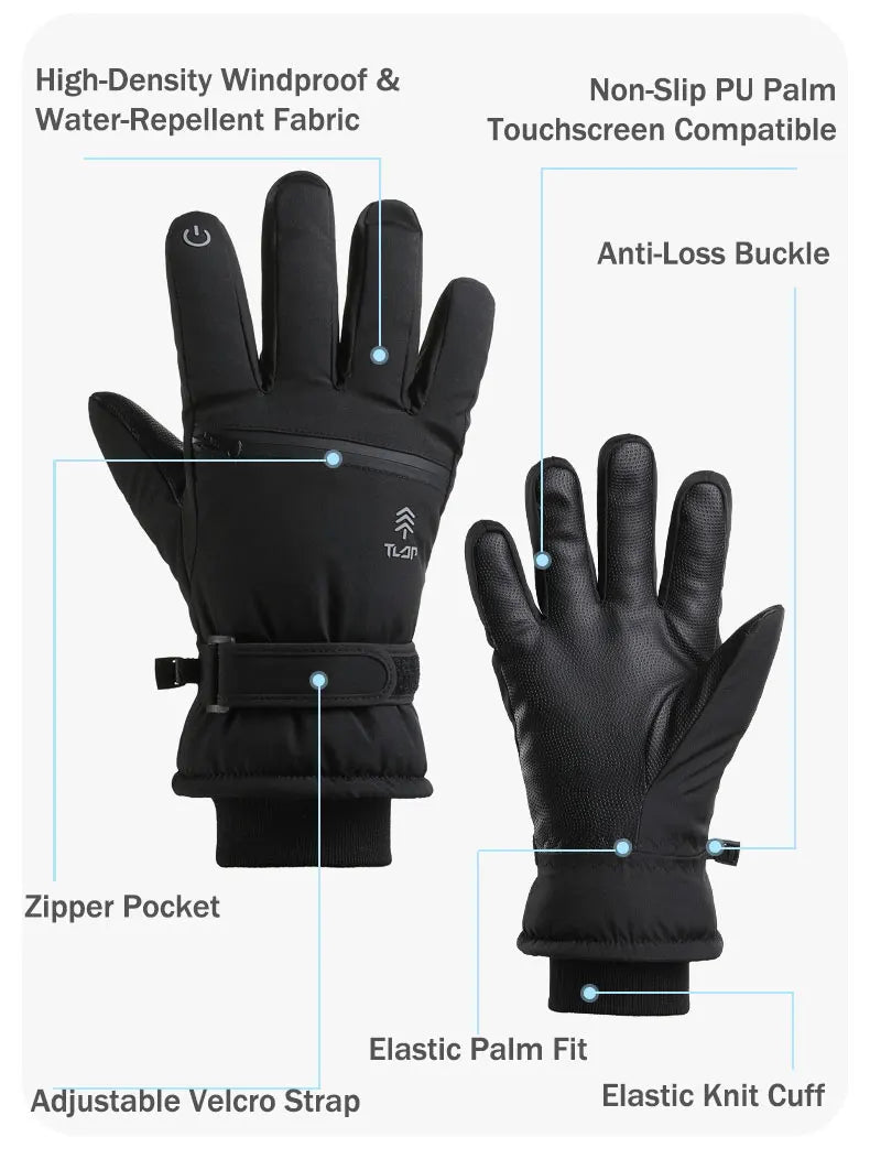 Men’s Winter Ski Gloves with Backhand Zipper Pocket Touch Screen Snow Gloves Ideal for Skiing Snowboarding Cycling