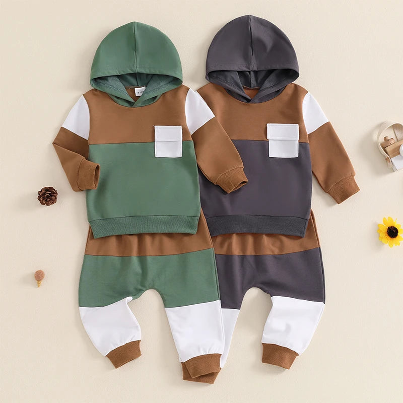 Baby Boy Fall Clothes Contrast Colors Long Sleeve Hooded Sweatshirt and Elastic Sweatpants 2 Piece Track Suit