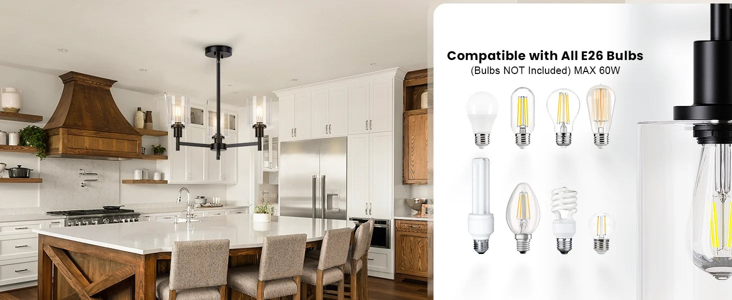 Chandelier for Dinning Room Light Fixture, Kitchen Island Modern Farmhouse Pendant Ceiling Lights with Clear Glass Shade