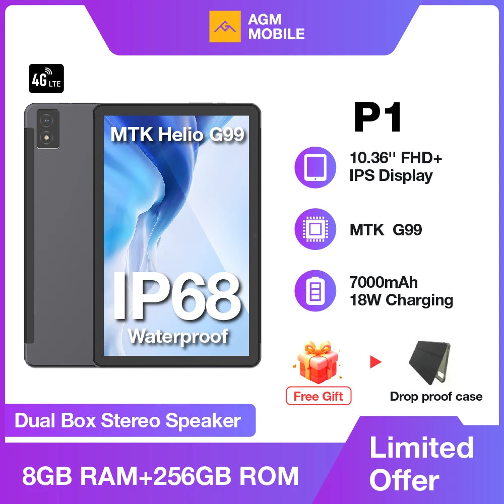 AGM PAD P1 Waterproof 10.36" FHD+ Tablet, 8GB+256GB, MTK Helio G99, 7000mAh Battery, Android Tablets + Free Drop Proof Case.