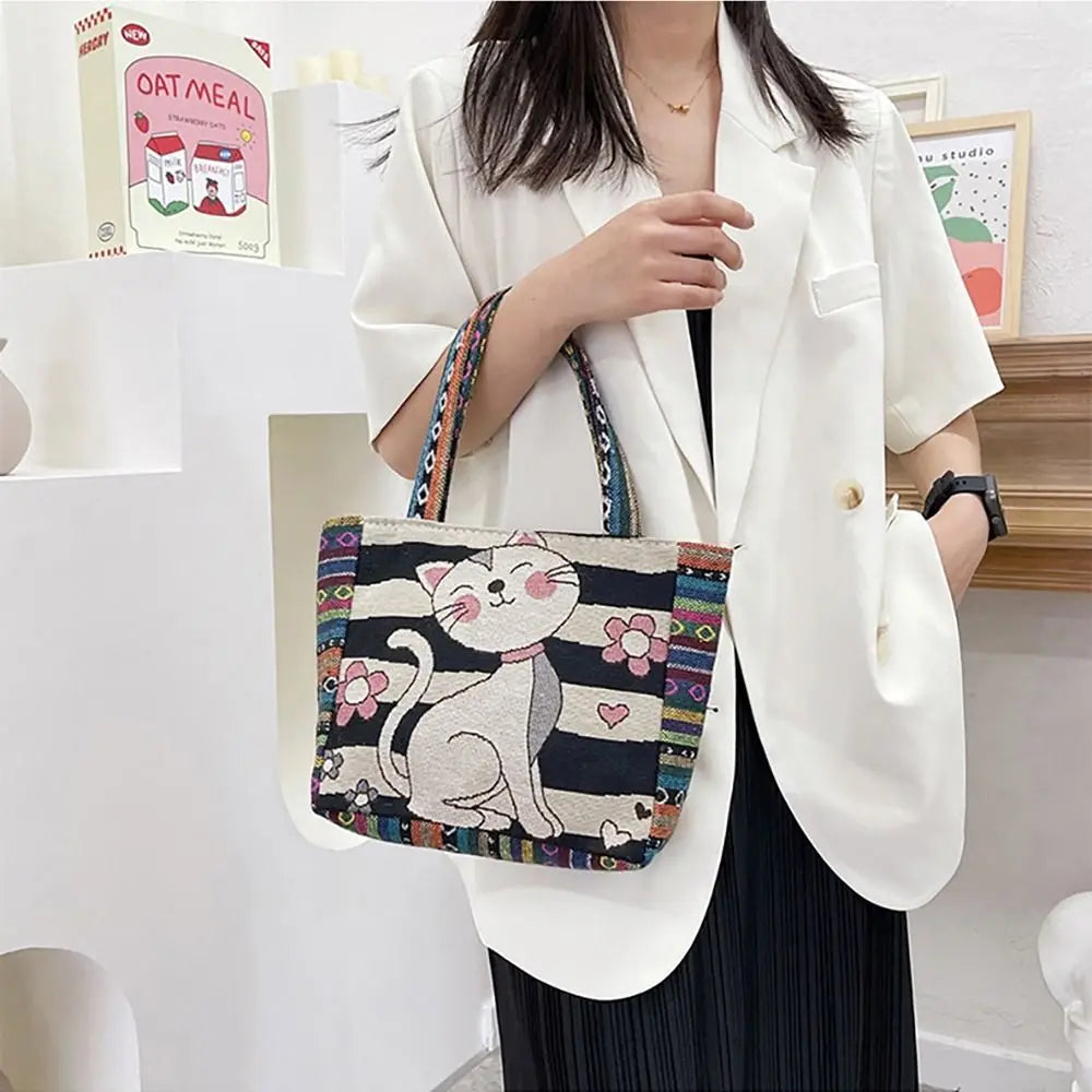 1Pcs Animal Ethnic Style Handbag Trendy Embroidery Elephant Peacock Handbag Rabbit Canvas Tote Bag Storage Bag