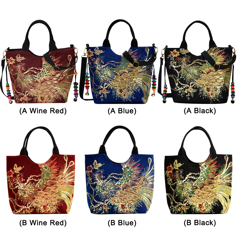 Fashion Women Handbags Peafowl Embroidery Canvas Retro Beads Pendant Top-Handle Bag Large Shoulder Messenger Bags