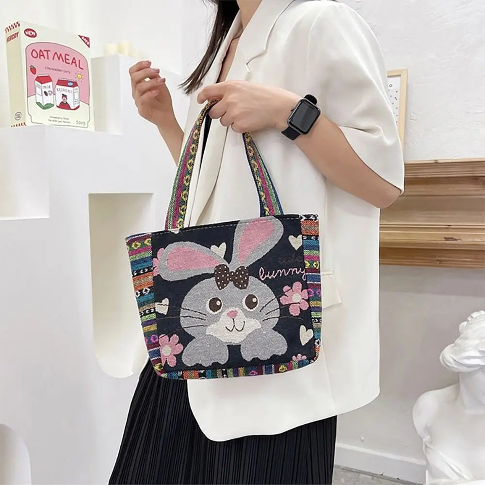 1Pcs Animal Ethnic Style Handbag Trendy Embroidery Elephant Peacock Handbag Rabbit Canvas Tote Bag Storage Bag