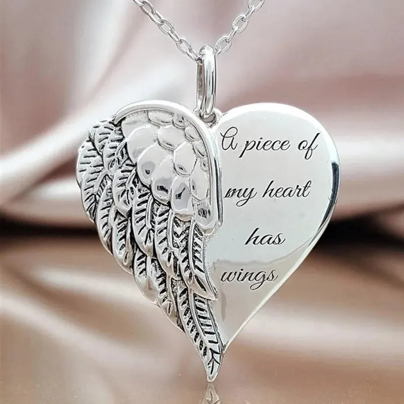 2024 A Piece of My Heart Has Wings Pendant European American Angel Wings Engraved Necklace Jewelry Necklace for Women