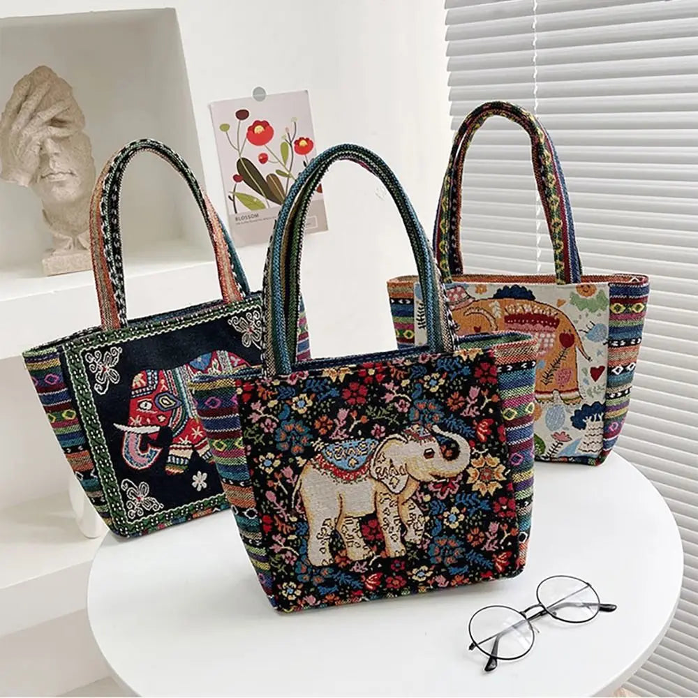 1Pcs Animal Ethnic Style Handbag Trendy Embroidery Elephant Peacock Handbag Rabbit Canvas Tote Bag Storage Bag