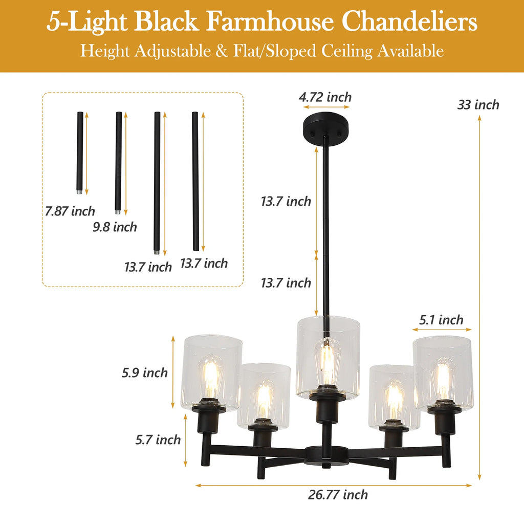 Chandelier for Dinning Room Light Fixture, Kitchen Island Modern Farmhouse Pendant Ceiling Lights with Clear Glass Shade