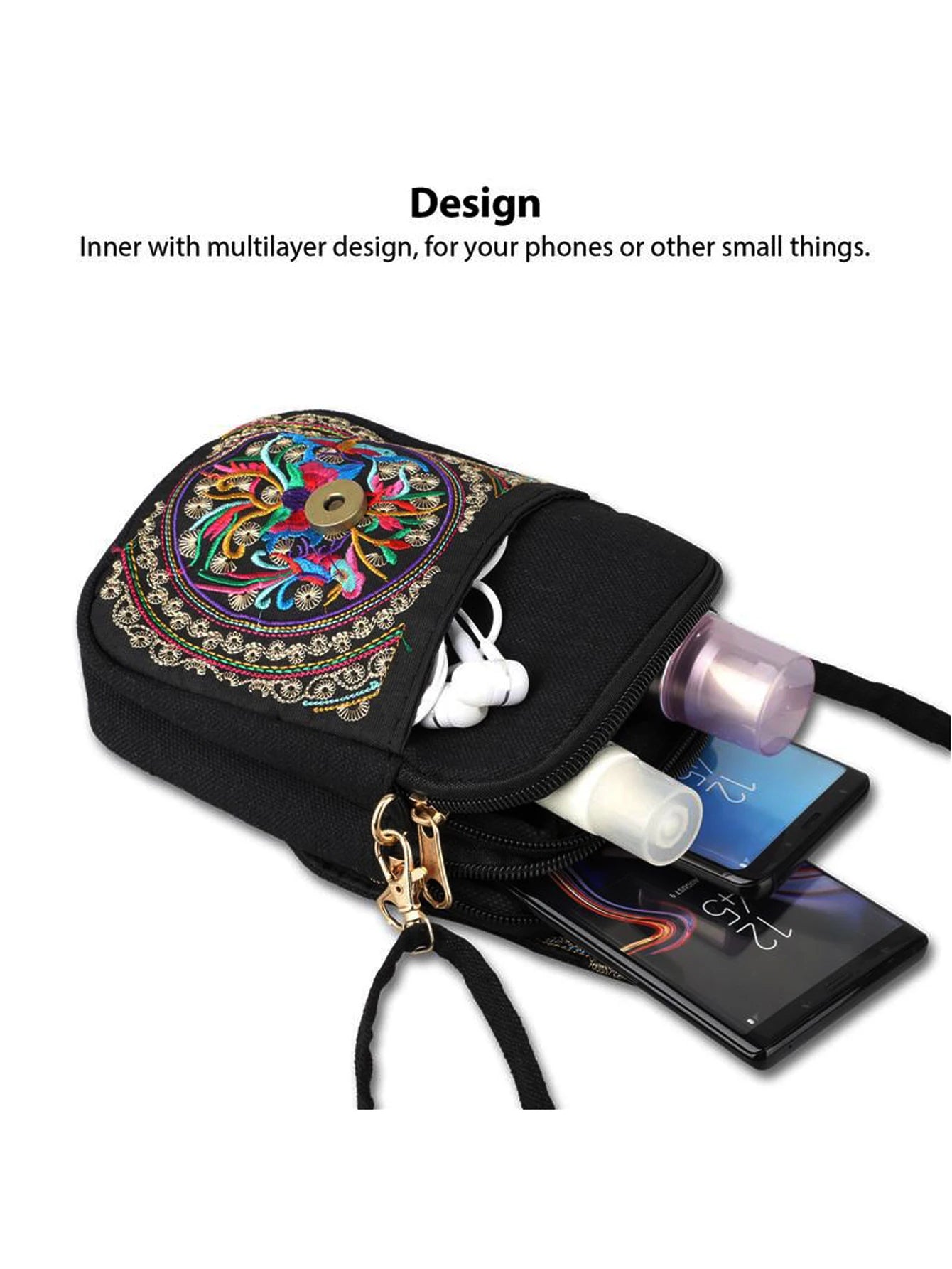 Stylish Women's Embroidered Crossbody Phone Bag with Zipper - Small Canvas Shoulder Bag for Everyday Use