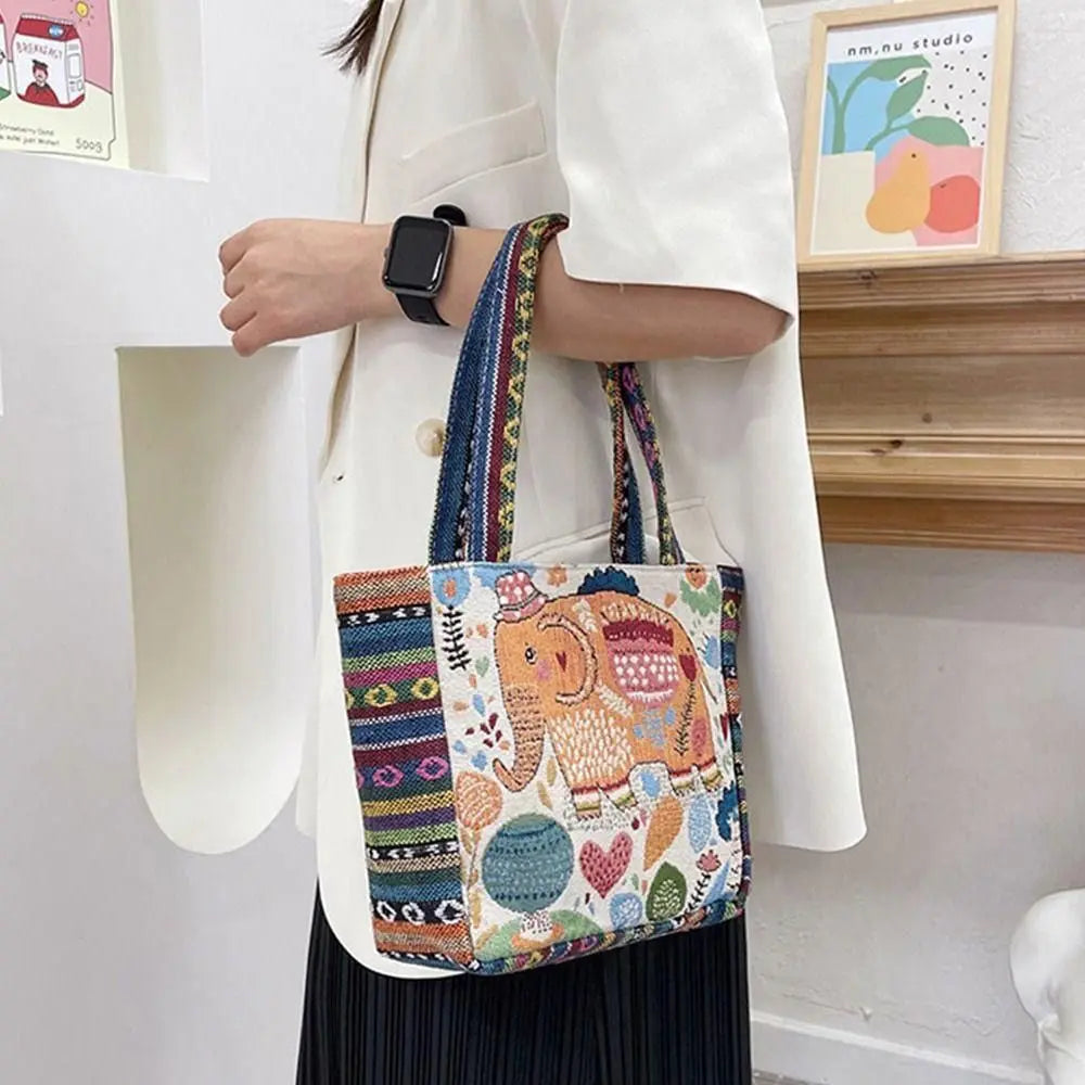 1Pcs Animal Ethnic Style Handbag Trendy Embroidery Elephant Peacock Handbag Rabbit Canvas Tote Bag Storage Bag