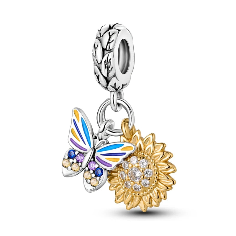 New In 925 Sterling Silver Golden Sunflower Lucky Stars Charm Fit Original Bracelet Necklace Sun Moon Diamond Charm Jewelry DIY