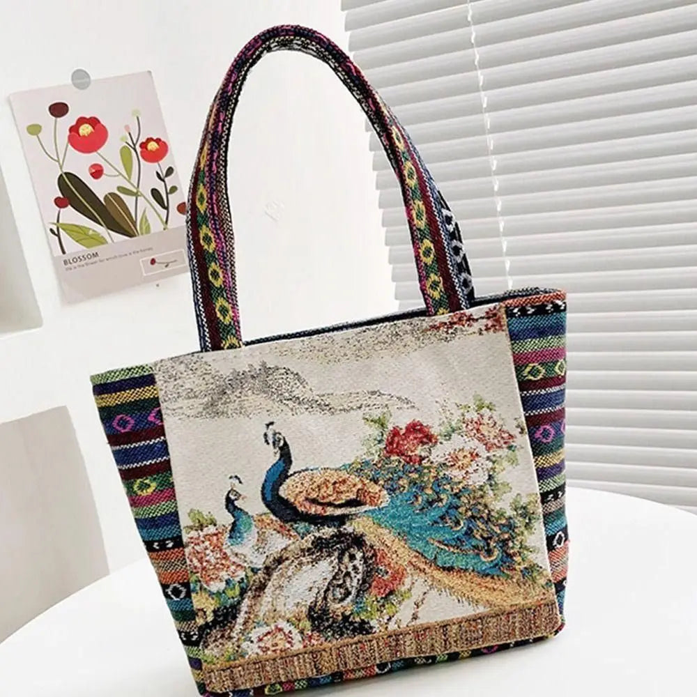 1Pcs Animal Ethnic Style Handbag Trendy Embroidery Elephant Peacock Handbag Rabbit Canvas Tote Bag Storage Bag