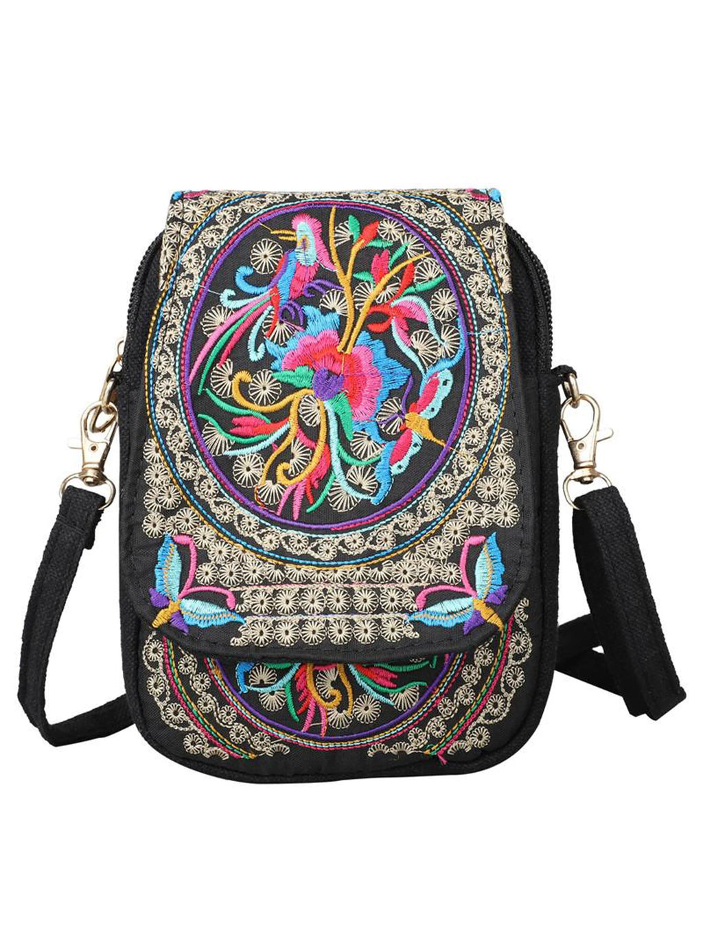 Stylish Women's Embroidered Crossbody Phone Bag with Zipper - Small Canvas Shoulder Bag for Everyday Use