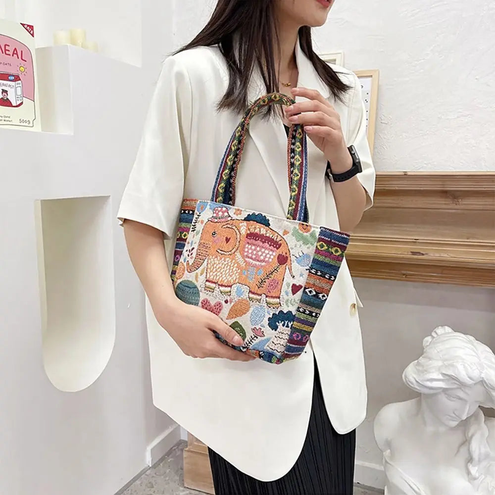 1Pcs Animal Ethnic Style Handbag Trendy Embroidery Elephant Peacock Handbag Rabbit Canvas Tote Bag Storage Bag