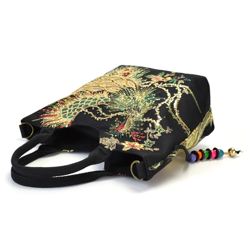 Fashion Women Handbags Peafowl Embroidery Canvas Retro Beads Pendant Top-Handle Bag Large Shoulder Messenger Bags
