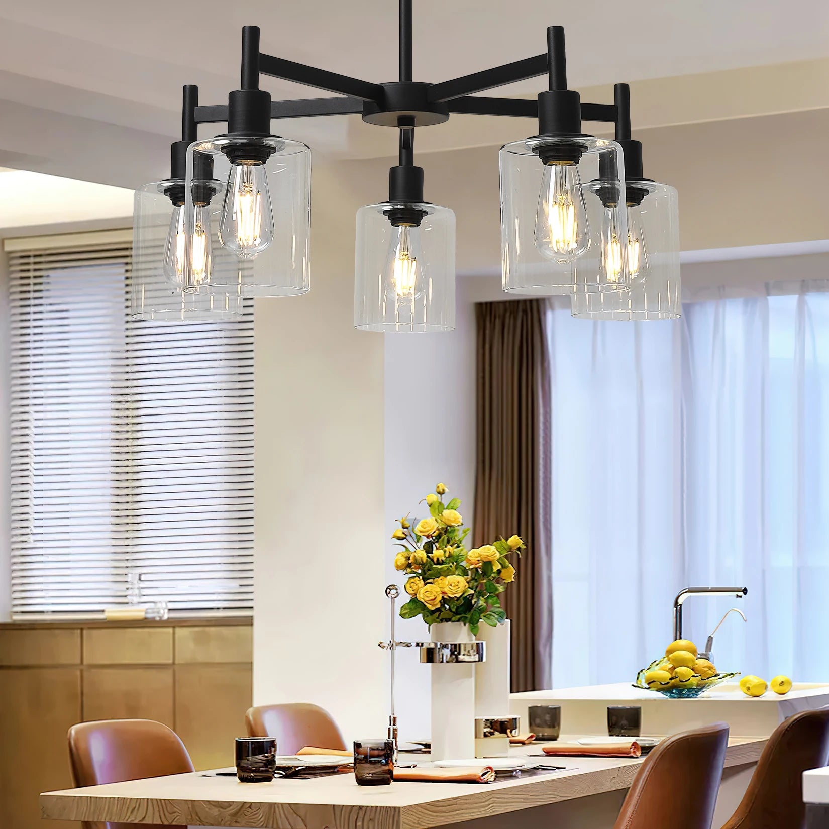 Chandelier for Dinning Room Light Fixture, Kitchen Island Modern Farmhouse Pendant Ceiling Lights with Clear Glass Shade