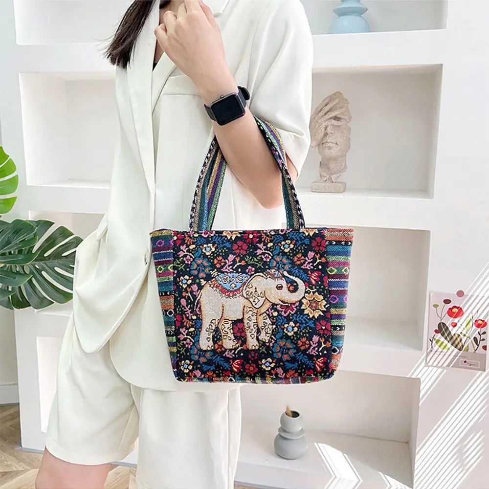 1Pcs Animal Ethnic Style Handbag Trendy Embroidery Elephant Peacock Handbag Rabbit Canvas Tote Bag Storage Bag